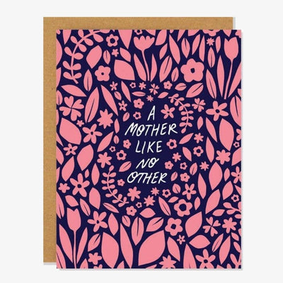 A navy blue card covered with pink flowers reading 