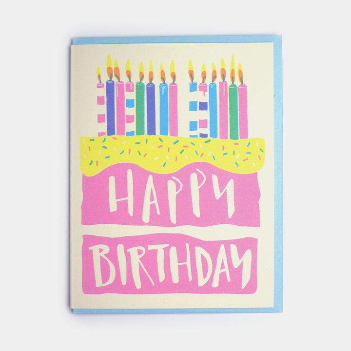 Cake Birthday Card: A greeting card with the image of a cake with birthday candles and the words Happy Birthday.