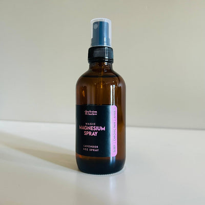 Lavender Magic Magnesium Spray, a body spray for sleep, chronic pain and anxiety in an amber bottle with a black sprayer.