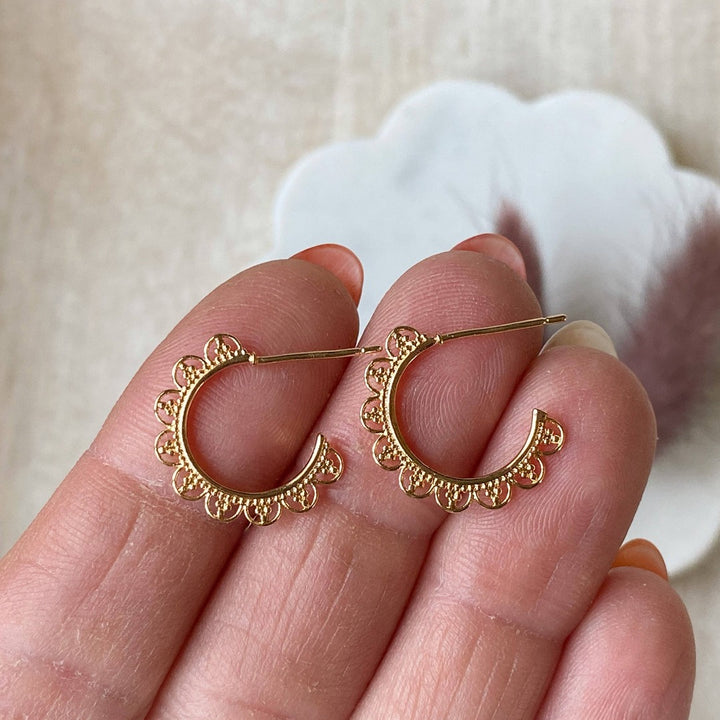 Gold Lace Hoops, gold hoop earrings with a lace like design around the hoop, with a post for easy wear.