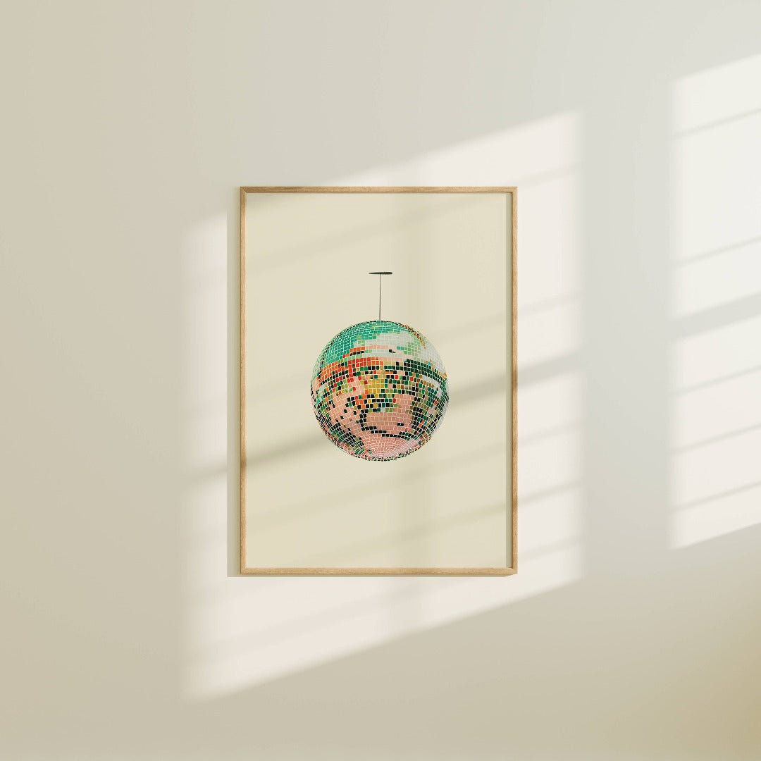 Vintage Discoball Art Print, a poster featuring a mirrorball that looks reflective.