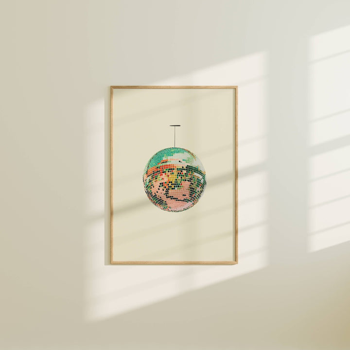 Vintage Discoball Art Print, a poster featuring a mirrorball that looks reflective.