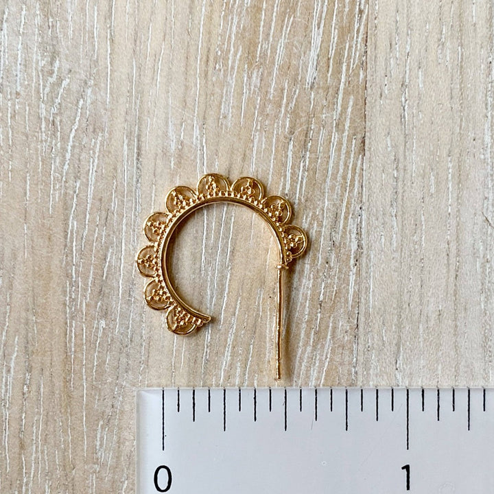 Gold Lace Hoops, gold hoop earrings with a lace like design around the hoop, with a post for easy wear.