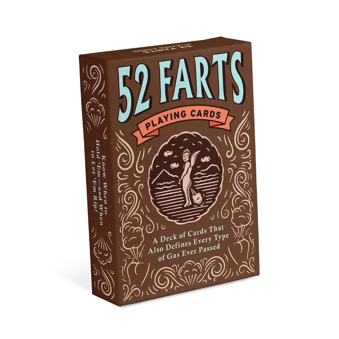 A deck of playing cards with a brown background and a cartoon illustration of a dog passing gas. The deck is enclosed in a cardboard box with the text "52 FARTS PLAYING CARDS" and "A Deck of Cards That Also Defines Every Type of Gas Ever Passed." The box also has the text "Know When to Hold 'Em - and When to Let 'Em Rip!"