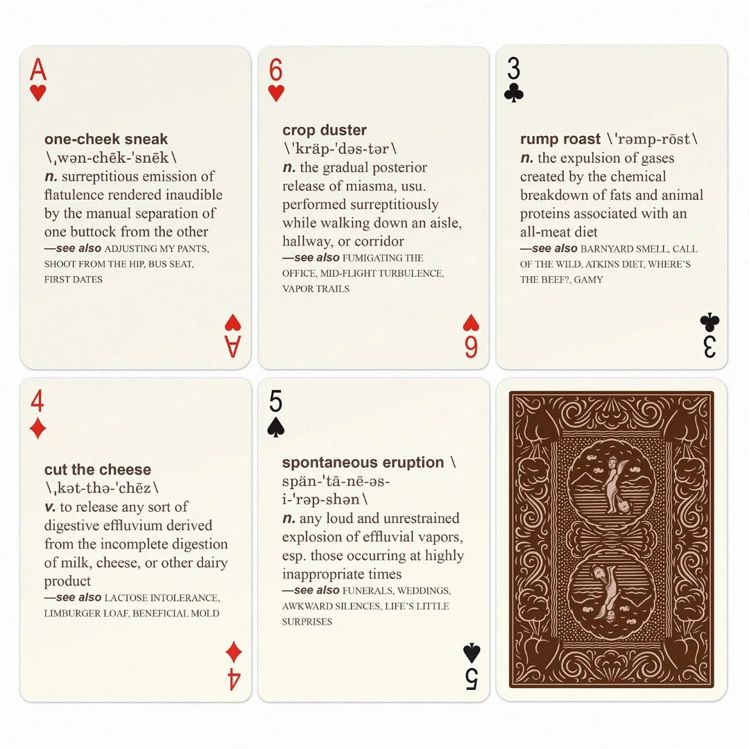 A deck of playing cards with a brown background and a cartoon illustration of a dog passing gas. The deck is enclosed in a cardboard box with the text "52 FARTS PLAYING CARDS" and "A Deck of Cards That Also Defines Every Type of Gas Ever Passed." The box also has the text "Know When to Hold 'Em - and When to Let 'Em Rip!"