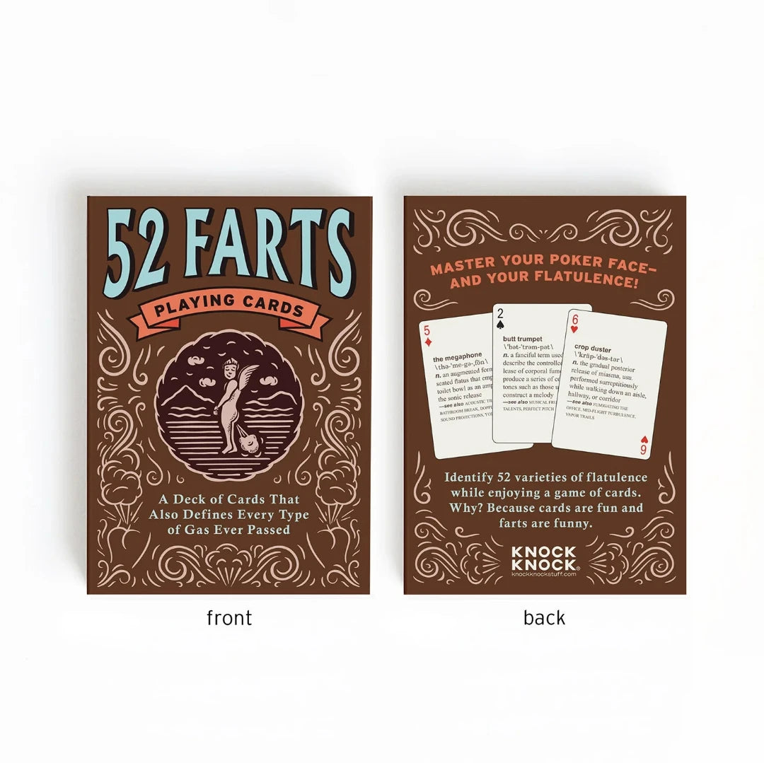 A deck of playing cards with a brown background and a cartoon illustration of a dog passing gas. The deck is enclosed in a cardboard box with the text "52 FARTS PLAYING CARDS" and "A Deck of Cards That Also Defines Every Type of Gas Ever Passed." The box also has the text "Know When to Hold 'Em - and When to Let 'Em Rip!"