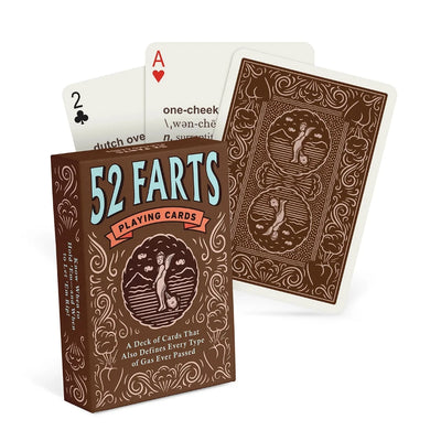 A deck of playing cards with a brown background and a cartoon illustration of a dog passing gas. The deck is enclosed in a cardboard box with the text 