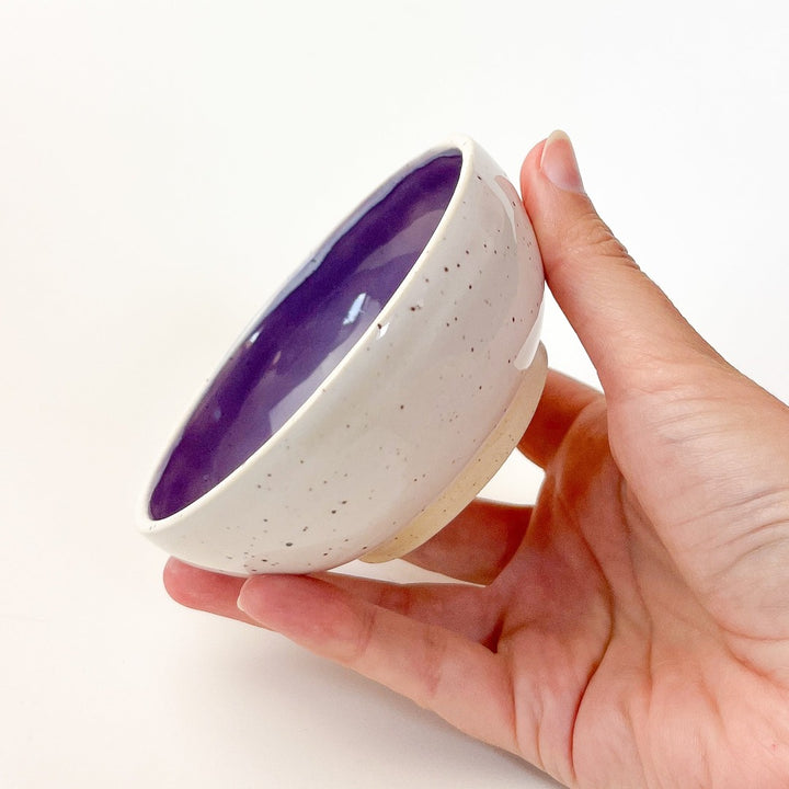 Purple Colourful Trinket Dish, a small bowls with colour on the inside and speckled cream coloured clay on the outside.