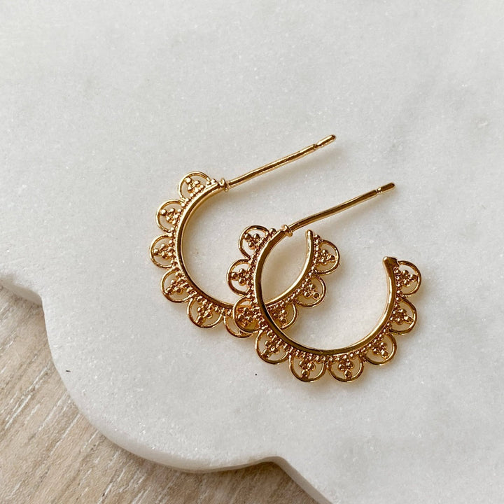 Gold Lace Hoops, gold hoop earrings with a lace like design around the hoop, with a post for easy wear.