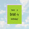 A bright green square card with a purple envelope. The card has the text 
