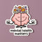 A pink cartoon brain with a smiling face is meditating. The brain has flowers growing from the top and is surrounded by the text 