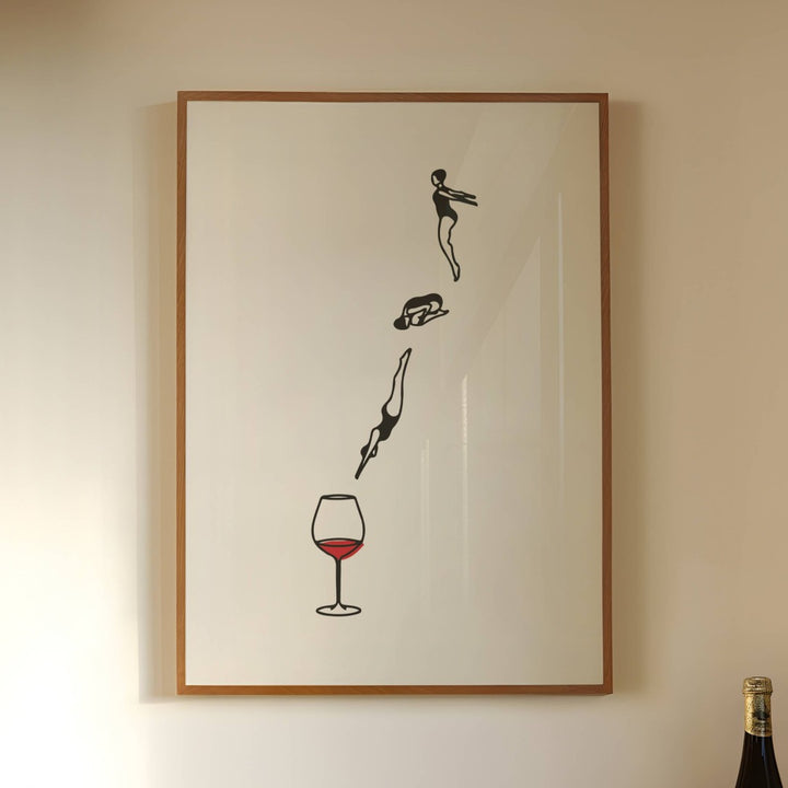 Red Wine Dive Print, is a poster featuring a diver doing a flip into a glass of red wine.
