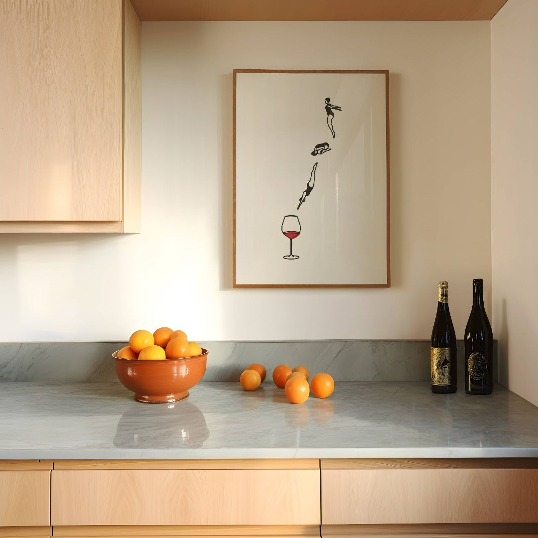 Red Wine Dive Print, is a poster featuring a diver doing a flip into a glass of red wine.