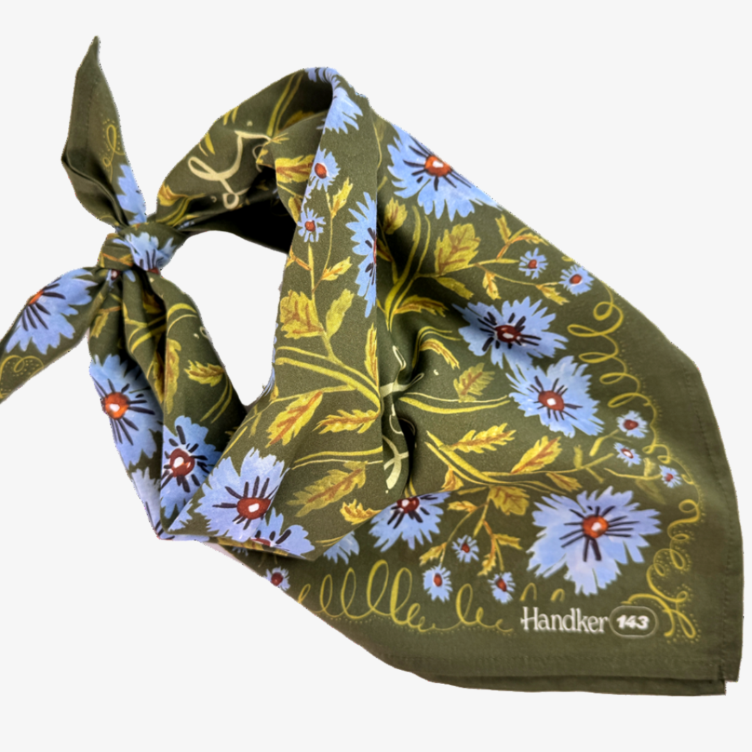 Floral patterned handkerchief with visible branding on a white background