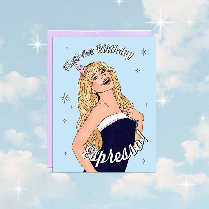 Birthday Espresso! Birthday Card, a blue birthday card with an illustration of Sabrina Carpenter that reads 