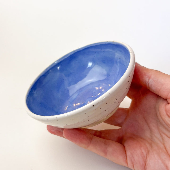 Blue Colourful Trinket Dish, a small bowls with colour on the inside and speckled cream coloured clay on the outside.