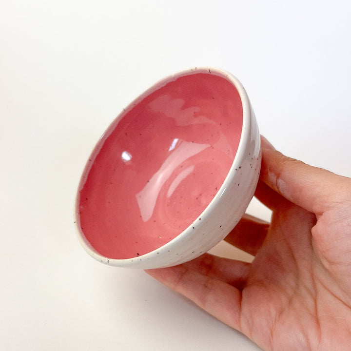 Pink Colourful Trinket Dish, a small bowls with colour on the inside and speckled cream coloured clay on the outside.
