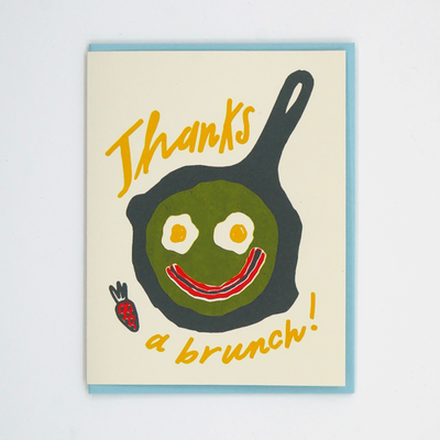 Brunch Thank You Card: A greeting card with the image of a frying pan with eggs and bacon in the shape of a smile, reading 