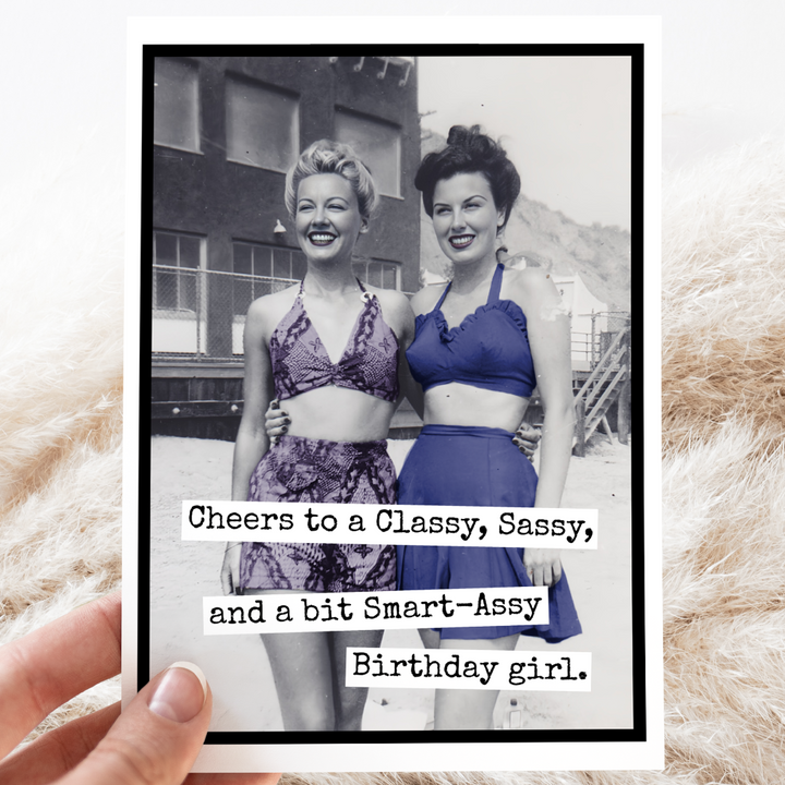 Smart Assy Birthday Card: a vintage photo of two women in bathing suits with the text 