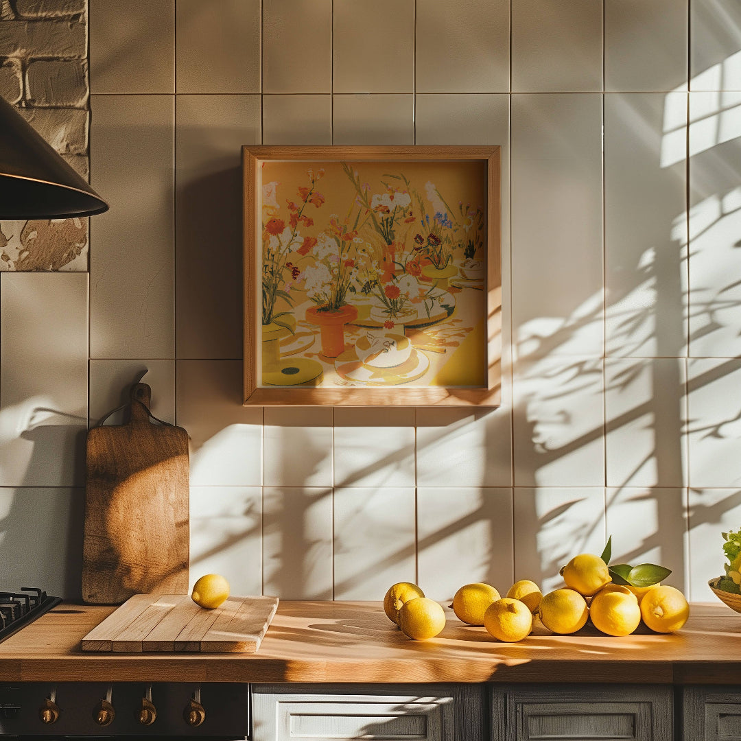 Kitchen counter with lemons, a cutting board, and a framed picture on a tiled wall.