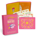 A pink box containing a deck of affirmation cards. The box has the text "AFFIRMATORS! MORNING MANTRAS" on the front. The cards have various affirmations printed on them, including "Rise, Shine, and Help Yourself Without the Self-Helpy-Ness!" and "Today is a piñata full of unknowns." The box also includes a small booklet with additional affirmations.
