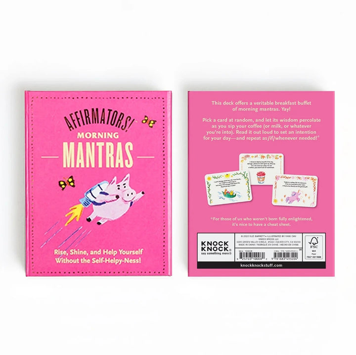 A pink box containing a deck of affirmation cards. The box has the text 
