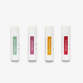 Four lip balms lined up in a row from left to right: vanilla mint, lavender, pure honey, and raspberry.