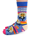 Colorful socks with floral design and text on a white background
