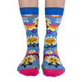 Colorful socks with sunflower designs and text on a white background