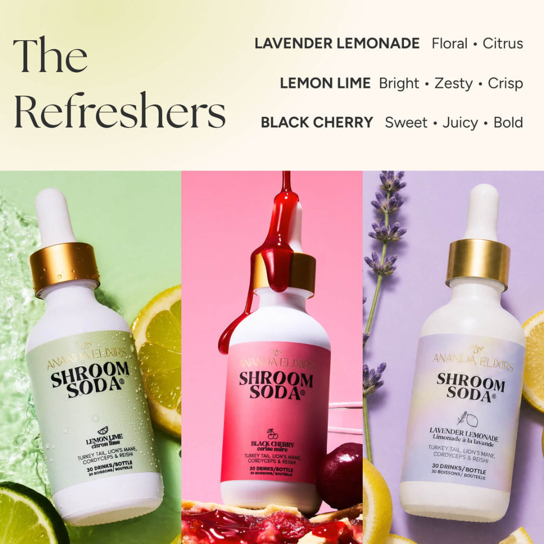 Three cosmetic dropper bottles labeled AMELIA ELIXIR SHROOM SODA are shown in a promotional layout with flavor text at the top: Lavender Lemonade (green, lavender, citrus), Lemon Lime (pink, bright, zesty), and Black Cherry (purple, sweet, juicy). The bottles are white with gold caps, and the background is split across green, pink, and purple panels with fruit and lavender props.