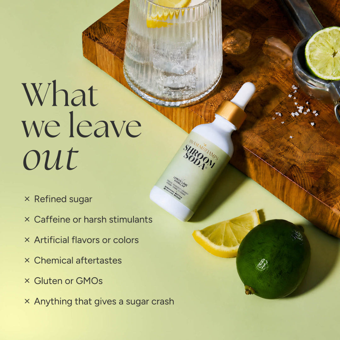 A styled product listing graphic for a dietary supplement bottle labeled 'AHIROU SOYA'. The white bottle with a gold dropper cap is placed on a wooden cutting board next to a glass of iced drink with lemon, a lime, and coarse salt, with text on the left reading 'What we leave out' and listing ingredients excluded from the product.