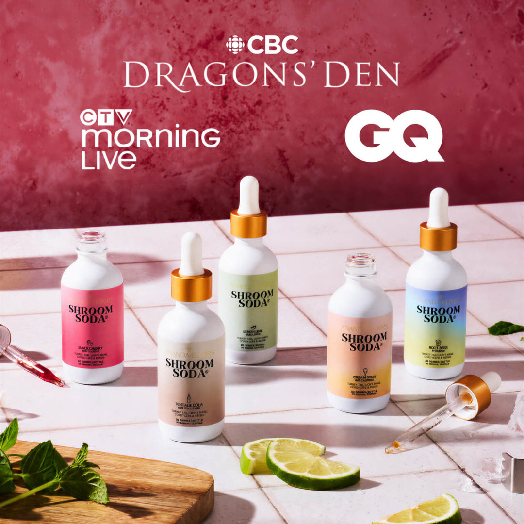 Five Shroom Soda dropper bottles in assorted pastel colors are arranged on a tiled surface with lime slices, mint, and a glass dropper nearby. The background is a textured dusty pink wall with CBC Dragons' Den, GTV Morning Live, and GQ logos at the top.