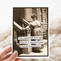 Vintage-style photo of a woman on steps with text overlay