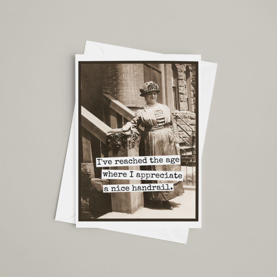 Greeting card with vintage photo of a woman and humorous text on a gray background