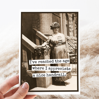 Vintage-style photo of a woman on steps with text overlay