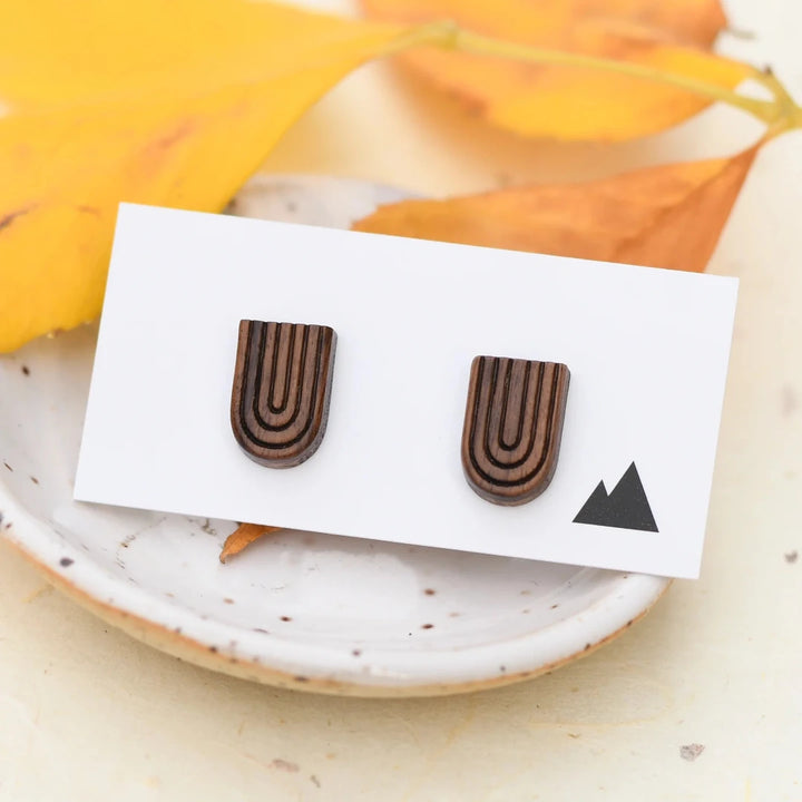 A pair of wooden earrings shaped like rainbows.
