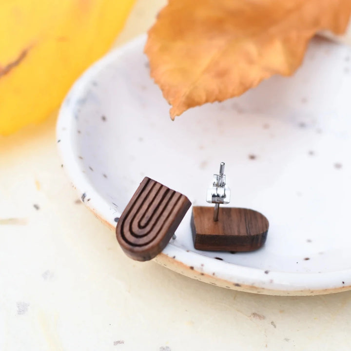 A pair of wooden earrings shaped like rainbows.