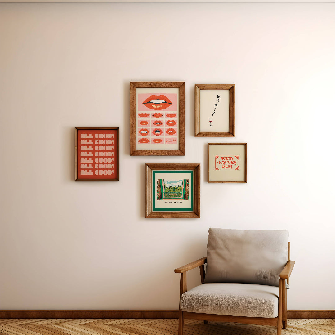 Framed artwork on a wall with a chair in the foreground
