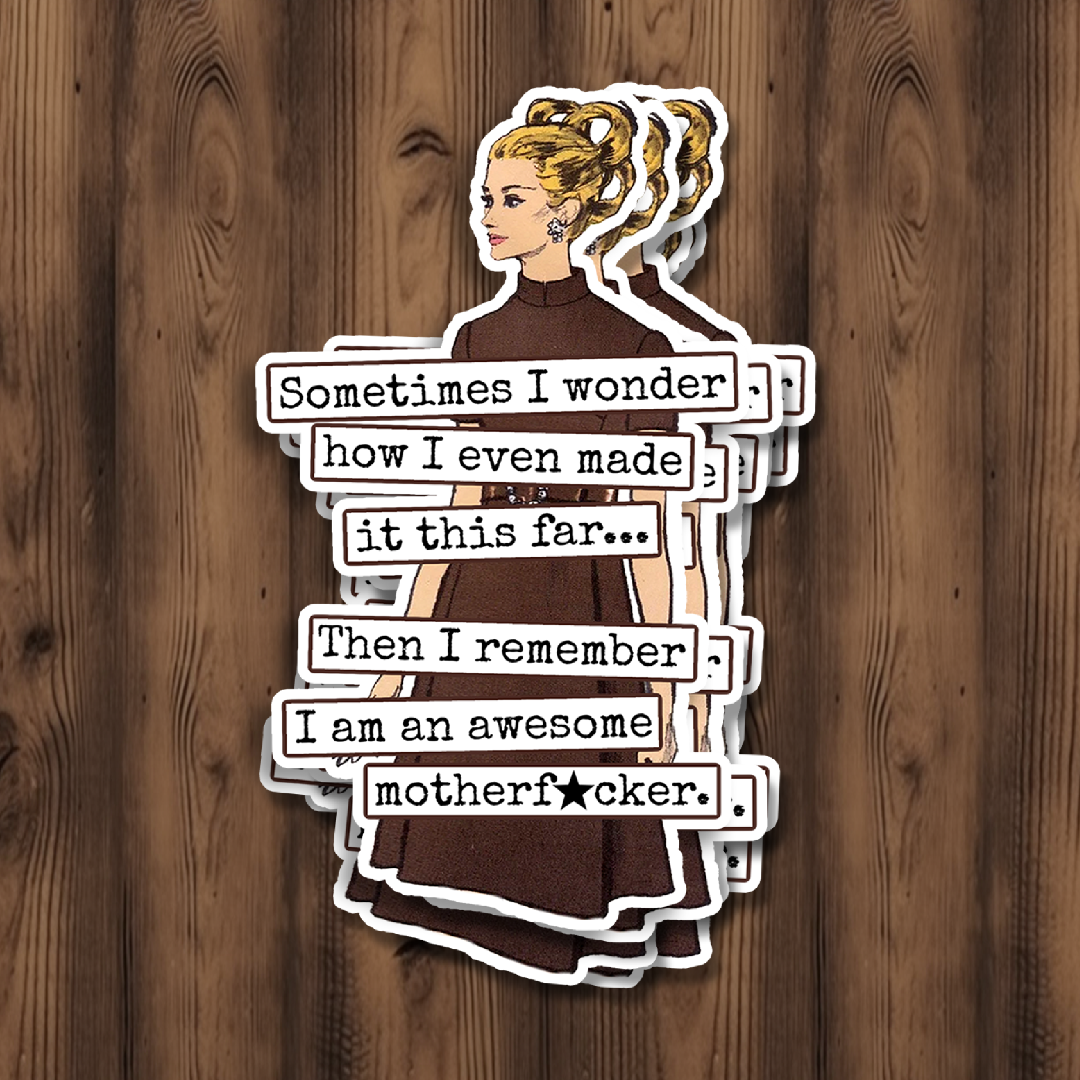 Sticker with text and a stylized illustration of a woman on a wooden background