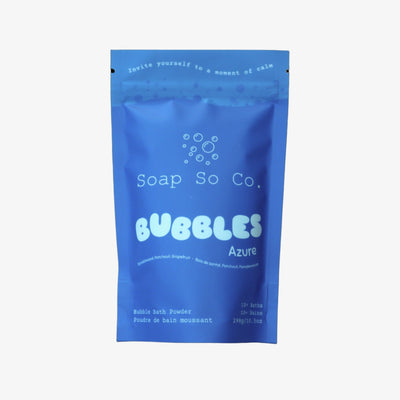 Blue packaging of Soap So Co. Bubbles Azure on a black background