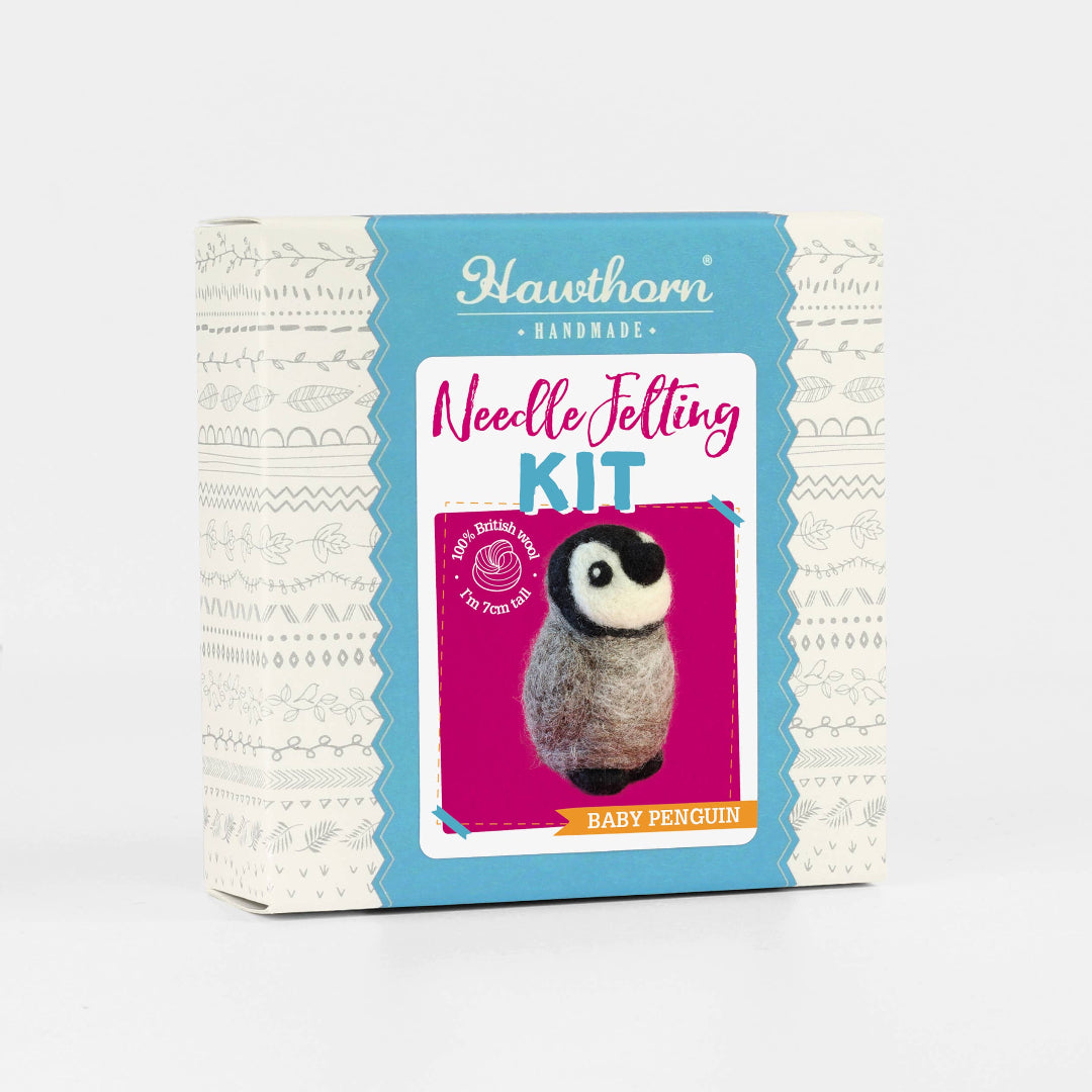 Hawthorn Handmade needle felting kit packaging with a baby penguin illustration on a white background