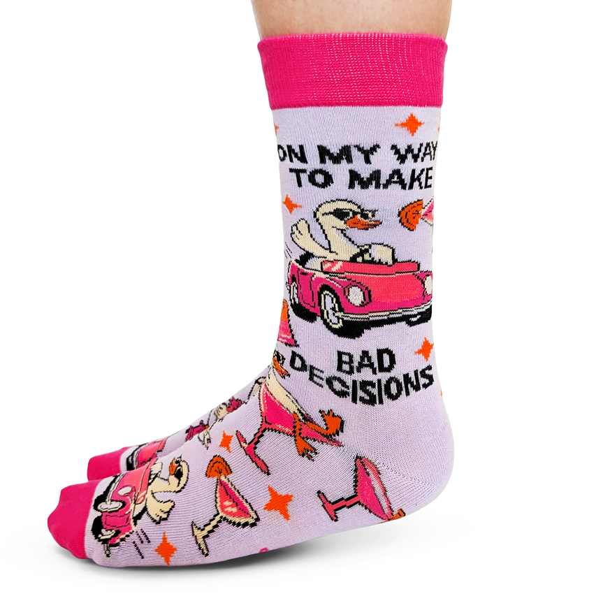 Sock with cartoon design and text on a white background
