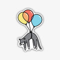 A whimsical sticker featuring a cartoon grey cat with white paws, playfully arched, being lifted by three colorful balloons (yellow, orange, and blue), all outlined in black on a white background.
