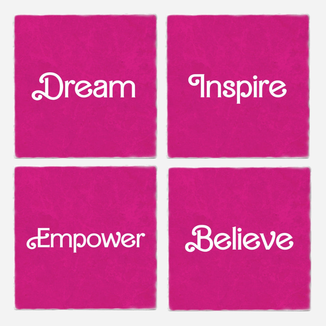 Four pink squares with motivational words 'Dream', 'Inspire', 'Empower', and 'Believe' on a white background.