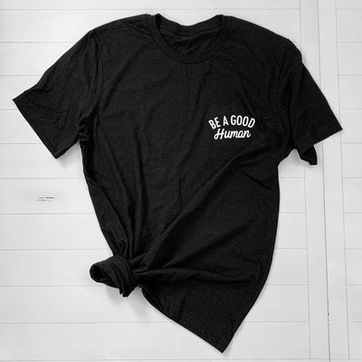 A black t-shirt with the text 