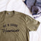 A green t-shirt with the text 