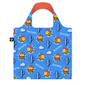 Reusable shopping bag with cartoon bees and cacti design on a blue background