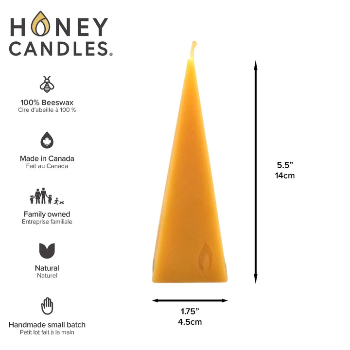 A yellow, pyramid-shaped beeswax candle. The candle has a smooth surface and a pointed tip. The base of the candle is slightly wider than the top.