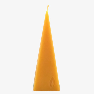 A yellow, pyramid-shaped beeswax candle. The candle has a smooth surface and a pointed tip. The base of the candle is slightly wider than the top.