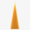 A yellow, pyramid-shaped beeswax candle. The candle has a smooth surface and a pointed tip. The base of the candle is slightly wider than the top.